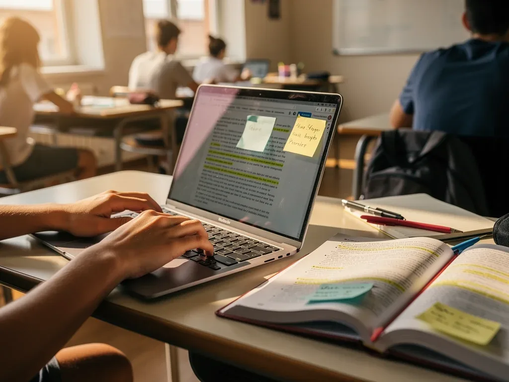 Estudiante de preparatoria tomando notas en un curso de verano universitario.