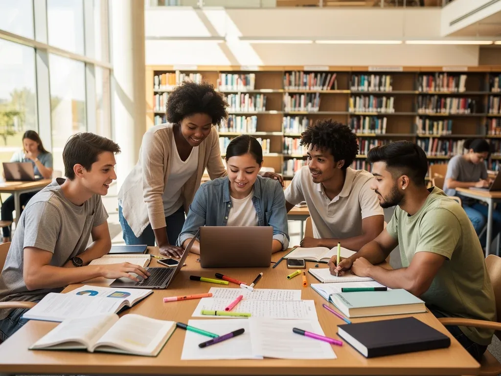 Estudiantes de preparatoria colaborando en un proyecto universitario de verano.