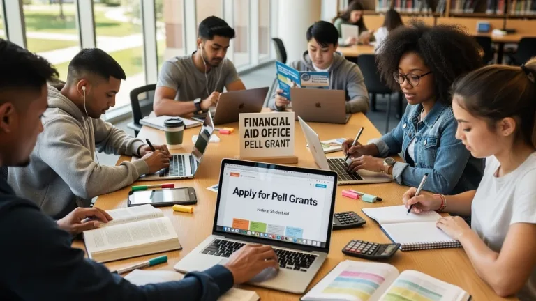 Estudiantes universitarios diversos estudiando en una biblioteca moderna, representando la ayuda financiera de la Beca Pell Grant 2026.