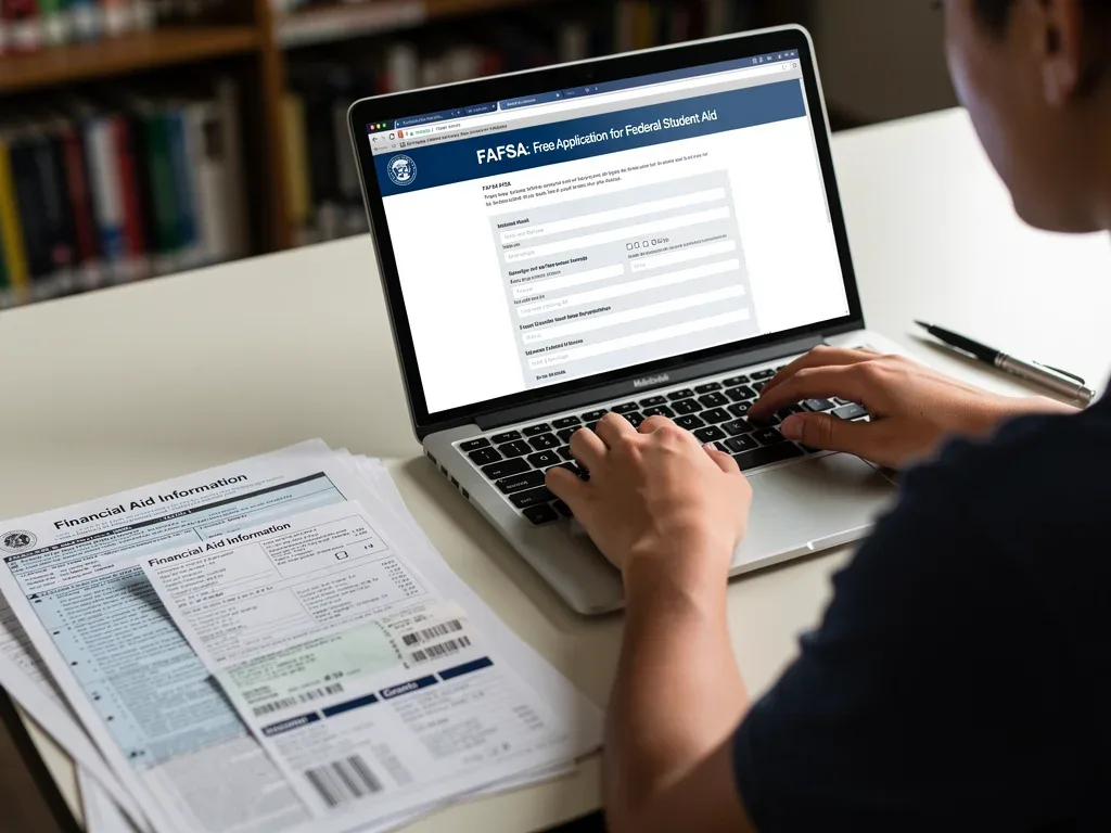 Estudiante completando el formulario FAFSA en una laptop, un paso clave para la Beca Pell Grant.