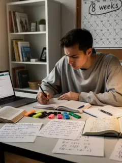 Estudiante concentrado en su plan de estudio GRE de 8 semanas, con libros y material de preparación.