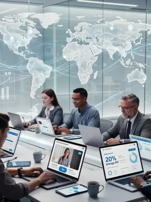 Profesionales diversos aprendiendo en línea con interfaces modernas que muestran datos de retorno de inversión.