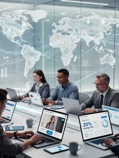 Profesionales diversos aprendiendo en línea con interfaces modernas que muestran datos de retorno de inversión.