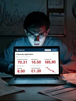 Estudiante preocupado analizando información sobre posgrados y finanzas, simbolizando la alerta educativa.