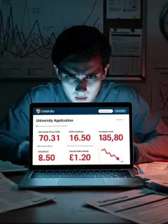 Estudiante preocupado analizando información sobre posgrados y finanzas, simbolizando la alerta educativa.