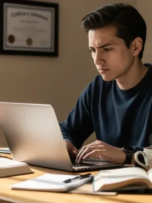 Mujer estudiando en línea con laptop, rodeada de libros y una taza de café, simbolizando éxito educativo y acceso a subvenciones federales.