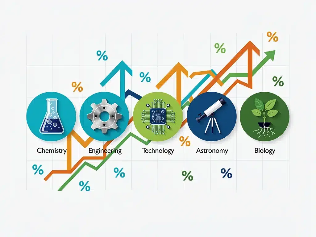 Infografía con cinco iconos STEM y flechas ascendentes, representando crecimiento y oportunidades de becas.