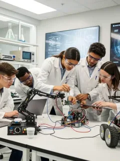 Estudiantes diversos colaborando en un laboratorio STEM, con equipos de robótica y computadoras, representando la innovación educativa.