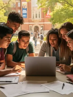 Estudiantes universitarios analizando formularios de ayuda financiera para el año 2026.