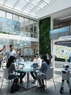 Campus universitario futurista con estudiantes interactuando con IA y robots, simbolizando la integración de la inteligencia artificial en la educación superior.