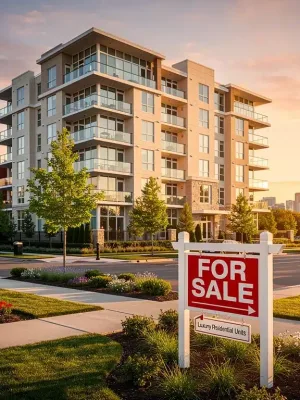 Edificio residencial moderno con letrero de 'Se Vende' en un mercado inmobiliario estadounidense en auge.