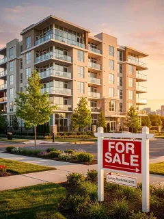 Edificio residencial moderno con letrero de 'Se Vende' en un mercado inmobiliario estadounidense en auge.