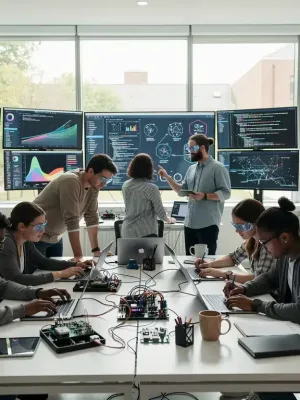Estudiantes universitarios colaborando en un proyecto de tecnología avanzada, simbolizando la adaptación de los planes de estudio para el futuro.