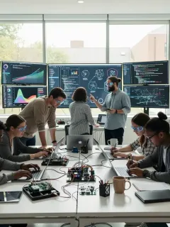 Estudiantes universitarios colaborando en un proyecto de tecnología avanzada, simbolizando la adaptación de los planes de estudio para el futuro.