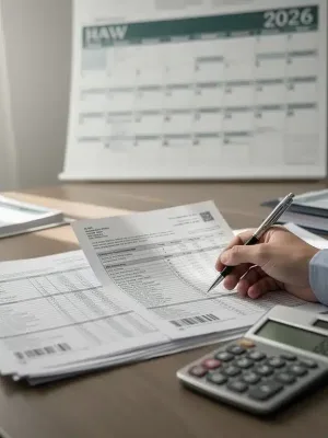 Persona revisando documentos fiscales y calculadora para planificar deducciones 2026.
