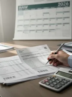 Persona revisando documentos fiscales y calculadora para planificar deducciones 2026.