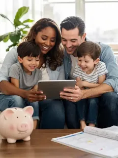 Familia estadounidense sonriente revisando sus finanzas en una tableta, con símbolos de ahorro y planificación futura.