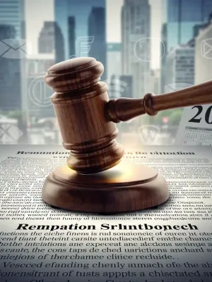 Martillo de juez sobre documentos legales, con logos de empresas y el año 2026, simbolizando las nuevas sanciones por incumplimiento en promociones de 2026 en Estados Unidos.