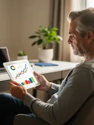 Hombre planificando su jubilación con tablet y gráficos financieros.