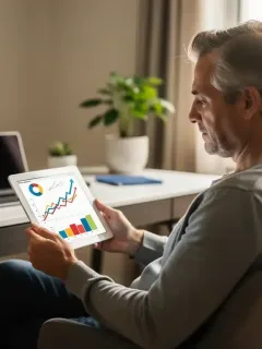 Hombre planificando su jubilación con tablet y gráficos financieros.