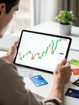 Persona analizando gráficas financieras con tarjetas de crédito, planificando la reducción de deudas.