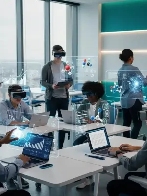 Estudiantes diversos interactuando en un entorno de aprendizaje en línea futurista con tecnología avanzada.