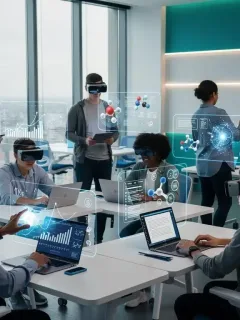 Estudiantes diversos interactuando en un entorno de aprendizaje en línea futurista con tecnología avanzada.