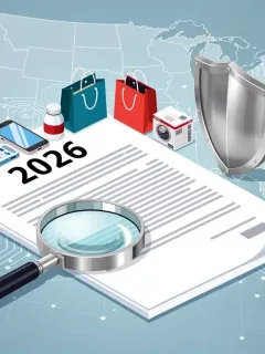 Regulaciones de pruebas gratuitas en Estados Unidos 2026: un documento legal con productos de consumo y un escudo.