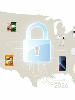 Icono digital de candado sobre un mapa de Estados Unidos, representando la protección de datos en 2026 y su efecto en muestras gratuitas de productos.