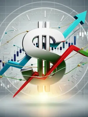 Gráfico que ilustra la trayectoria del dólar estadounidense, con símbolos de crecimiento y declive, en el contexto de decisiones de política monetaria.