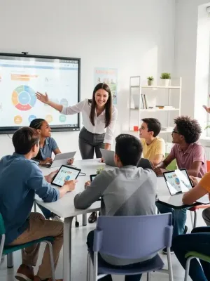 Estudiantes colaborando activamente en un aula moderna con tabletas digitales y pizarras interactivas, fomentando el aprendizaje innovador.