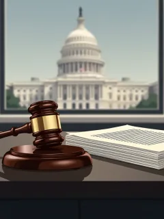 Martillo de juez sobre documentos legales y el Capitolio de EE. UU. al fondo, simbolizando cambios regulatorios federales.