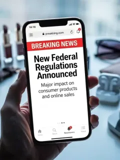 Pantalla de smartphone con alerta de noticias sobre regulaciones federales afectando productos de lifestyle gratuitos en EE. UU.