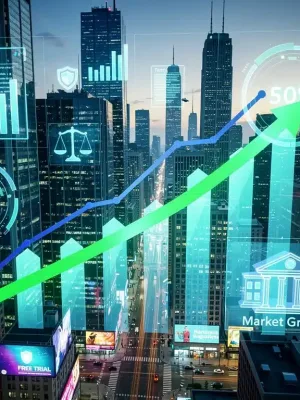 Paisaje urbano futurista de Estados Unidos con gráficos de crecimiento digital y símbolos de regulación, representando el auge del mercado de pruebas gratuitas en 2026.