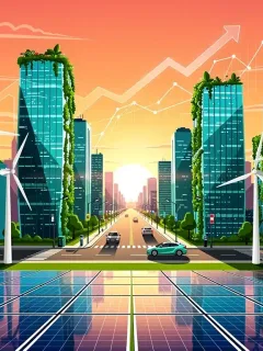 Paisaje urbano moderno con turbinas eólicas y paneles solares, representando la inversión en energías renovables en EE. UU. para 2026.