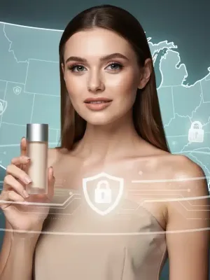 Mujer sosteniendo producto de belleza con superposición digital de privacidad de datos y mapa de Estados Unidos.