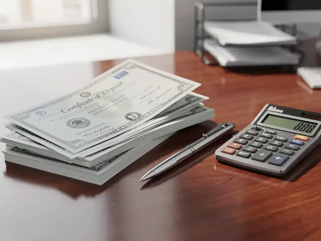 Certificados de Depósito (CDs) apilados, representando ahorro y seguridad.