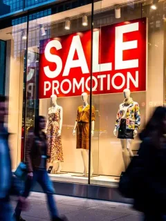 Ventana de tienda de moda en Estados Unidos con carteles de promociones y descuentos, reflejando cambios en el mercado.