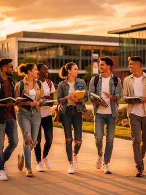 Estudiantes universitarios caminando en un campus moderno al atardecer, simbolizando el futuro y la inversión en educación superior.