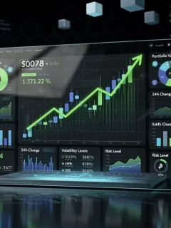 Panel de control digital mostrando la gestión de un portafolio de criptomonedas con gráficos de crecimiento y mitigación de riesgos.