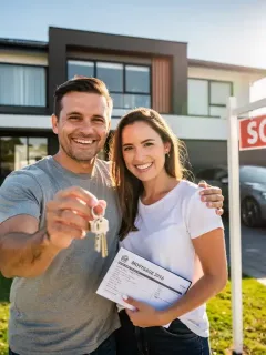 Pareja feliz con llaves de casa frente a una casa moderna, simbolizando la aprobación de un préstamo hipotecario en 2026.