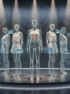 Diseño futurista con ropa digital y emblemas gubernamentales, simbolizando las nuevas directrices para muestras gratuitas de ropa en EE. UU.