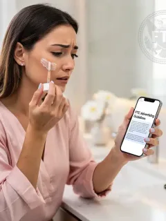 Mujer aplicando producto de belleza mientras revisa regulaciones de la FTC en su teléfono, simbolizando el impacto de las normas en la industria.