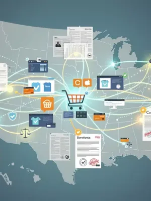 Red digital compleja de comercio electrónico y marketing de afiliados bajo nuevas leyes de 2026 en Estados Unidos.