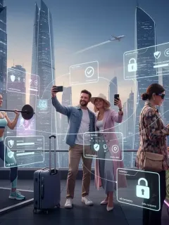 Mujeres y hombres disfrutando de actividades de lifestyle con superposiciones digitales que simbolizan las nuevas leyes de publicidad de 2026 en Estados Unidos.