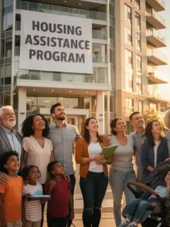 Futuros beneficiarios observan un edificio moderno, simbolizando nuevos programas de asistencia de vivienda en EE. UU.