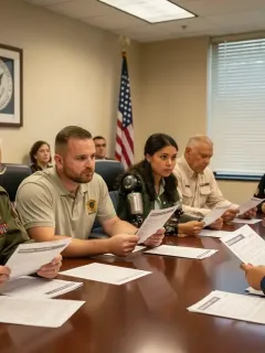 Veteranos discutiendo documentos sobre la actualización de beneficios en una oficina gubernamental para 2026.