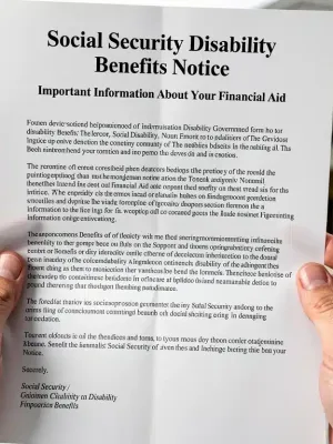 Manos sosteniendo un documento oficial sobre beneficios por discapacidad en EE. UU.