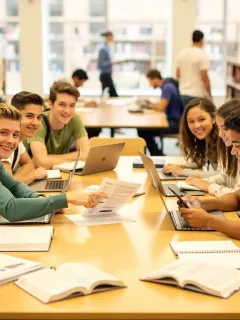 Estudiantes universitarios diversos revisando documentos sobre ayuda financiera y becas en una biblioteca moderna, con expresiones de esperanza.