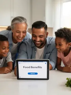 Familia revisando información sobre beneficios de alimentación en una tableta.